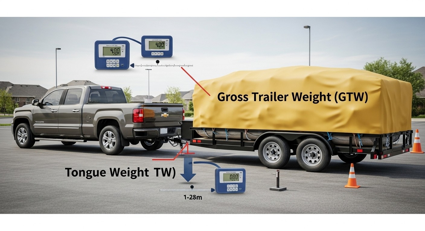 Illustration showing how to measure Gross Trailer Weight (GTW) and Tongue Weight (TW) for a trailer hitched to a pickup truck, with labeled arrows and a safe towing setup.