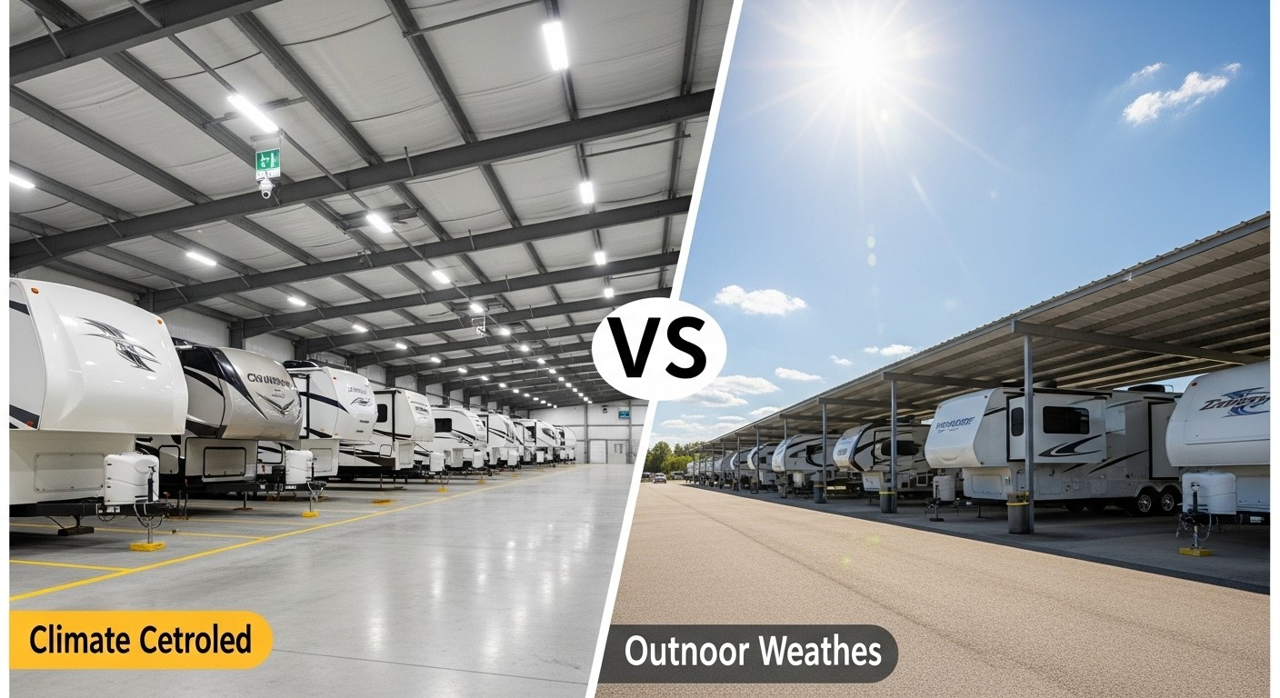 Split view of RVs in indoor storage facility vs. outdoor lot, highlighting differences in protection and exposure