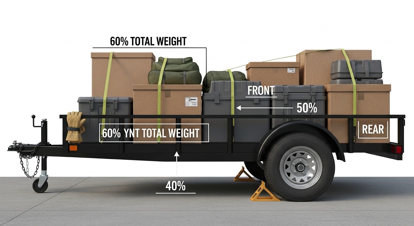 Illustration of a properly loaded trailer showing 60% of the cargo weight in the front half, with heavy items secured low and a tongue jack lifting the trailer for safe towing.