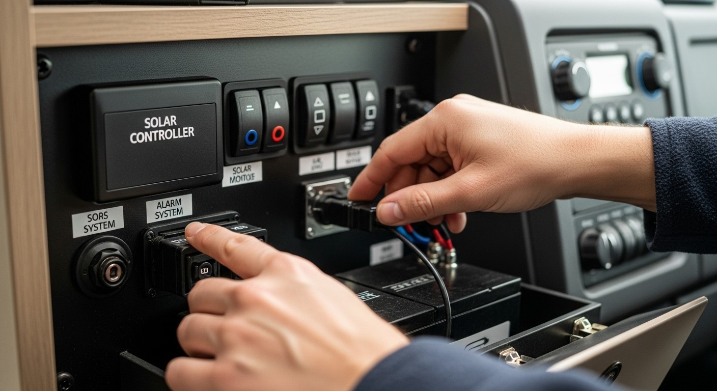 Turning off RV control panel switches to disconnect electronics before storage