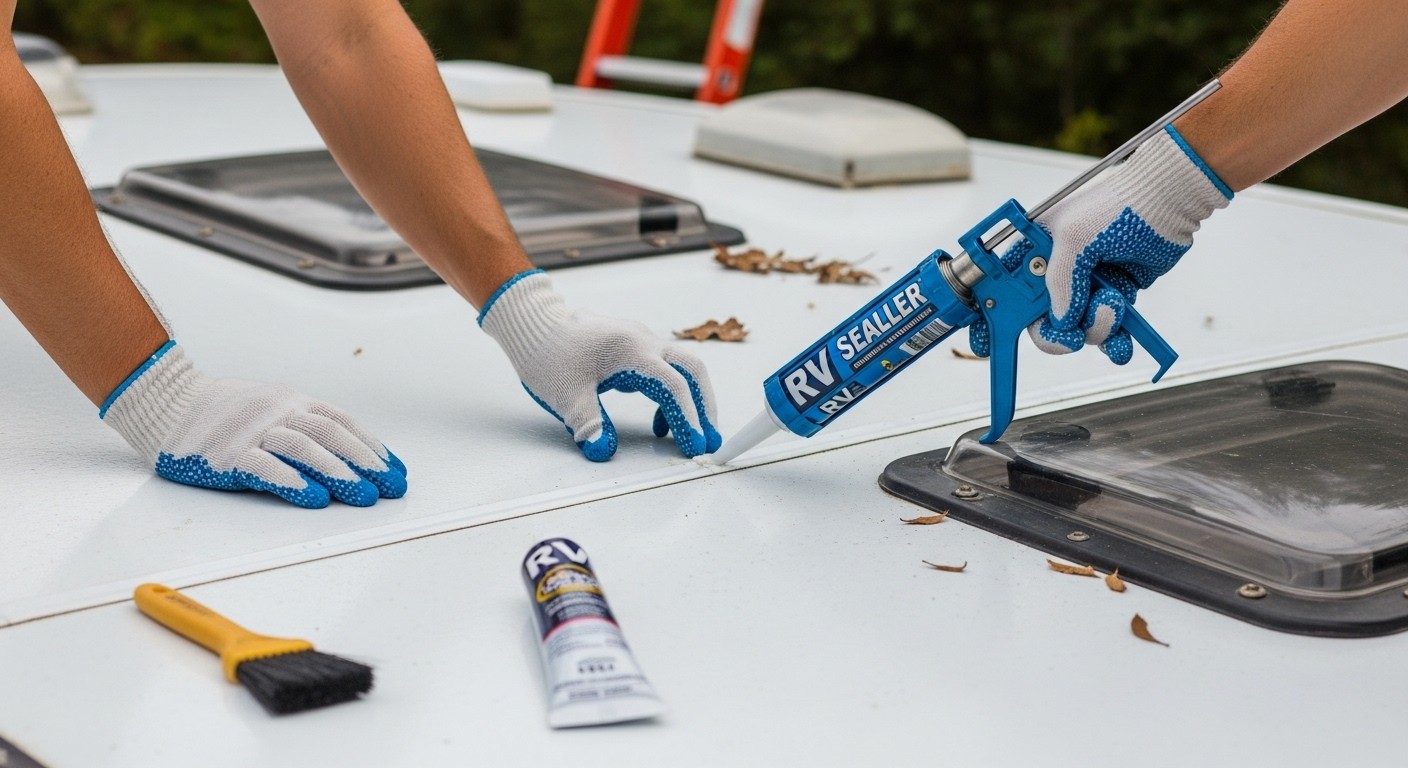 Person sealing RV roof seams with caulking to prevent water leaks and maintain structure