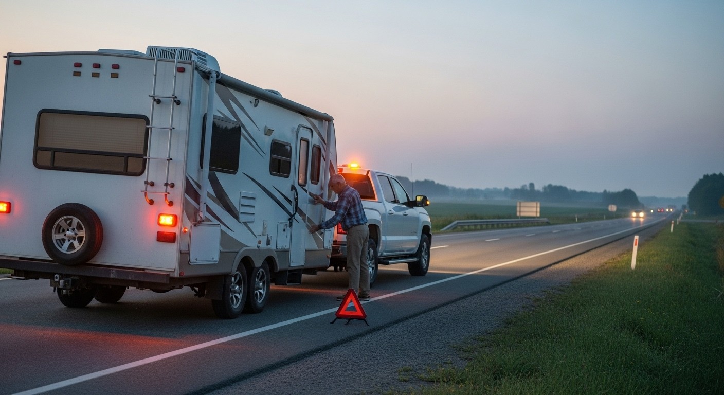 Driver safely pulled over with RV trailer on roadside, checking hitch after sway incident, hazard lights flashing
