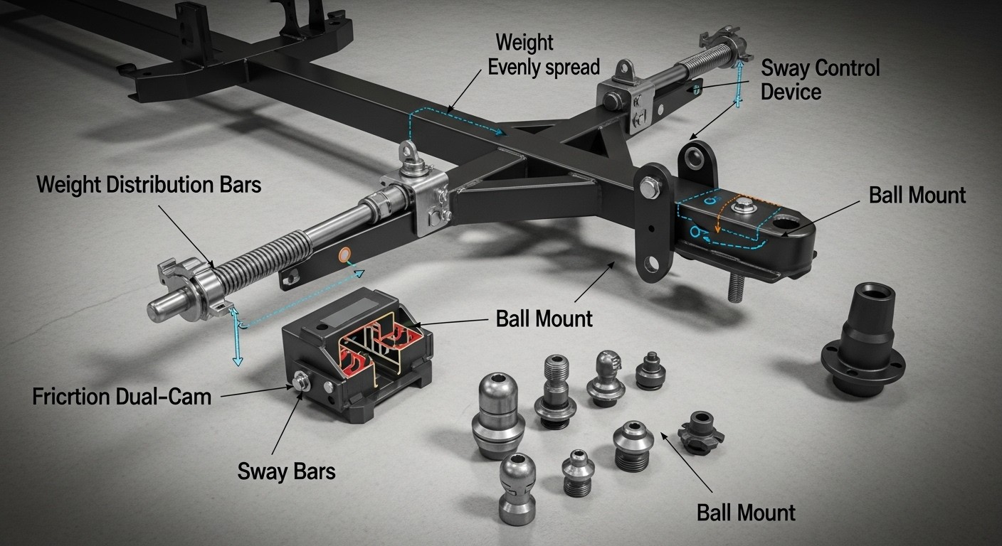 Labeled diagram displaying essential towing accessories, including weight distribution hitch, sway control device, hitch balls, and ball mounts used for safe trailer towing.