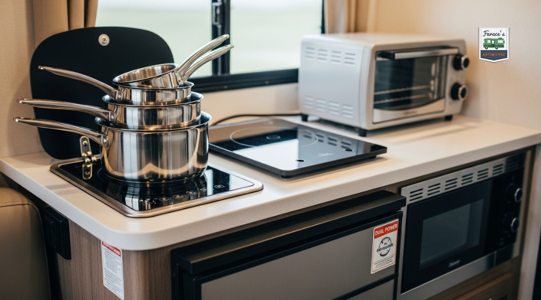 Compact stainless steel RV cookware, induction cooktop, toaster oven, and mini refrigerator arranged in a space-saving RV kitchen setup.