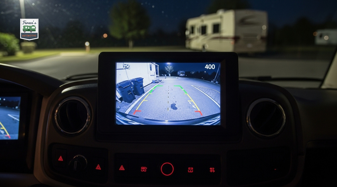 RV using a backup camera at night with monitor showing clear infrared night vision feed of a curb and obstacles in a dimly lit parking area.