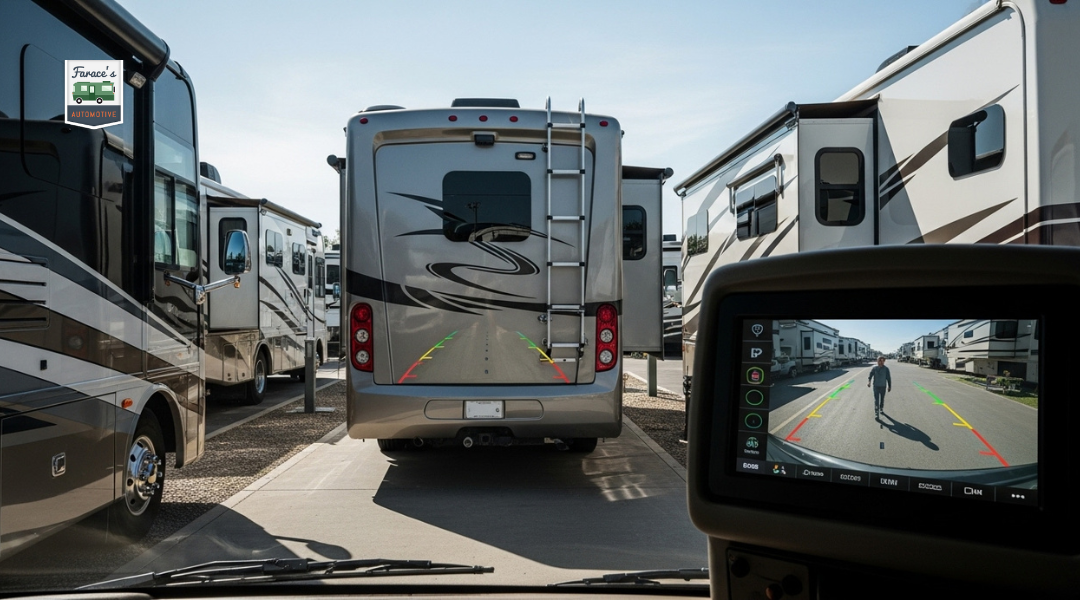 Class A RV reversing into a tight parking spot during daytime with a visible backup camera monitor showing a pedestrian behind the vehicle.