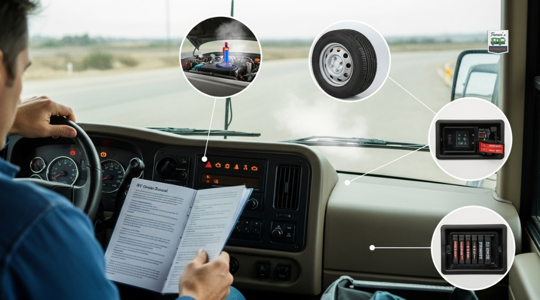 RV driver checking dashboard warning lights and inspecting common breakdown issues on the roadside