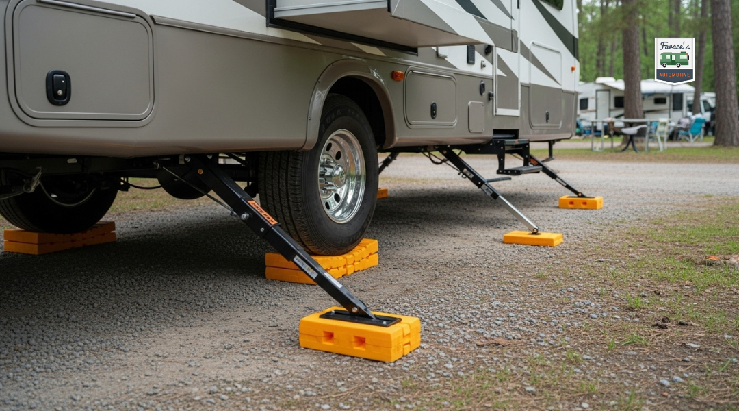 RV stabilized on gravel using stackable leveling blocks and extended stabilizer jacks for safe and balanced parking.