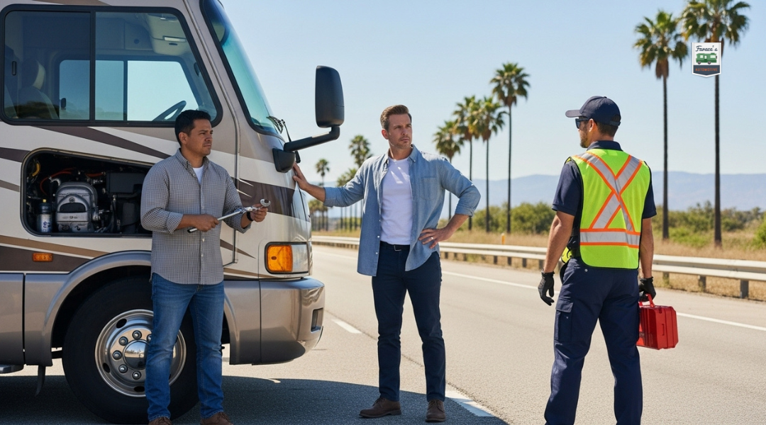 RV owner hesitating to fix engine while roadside technician arrives to assist safely