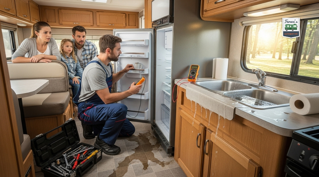 Mobile RV repair technician fixing refrigerator and plumbing leak inside RV