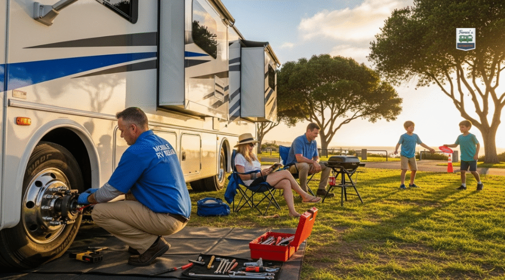 Mobile RV repair technician assisting a family at an Orange County campground