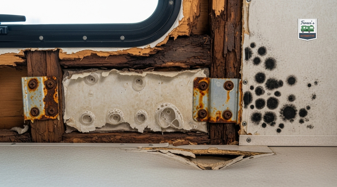 Cutaway RV illustration showing wood rot, mold growth, delamination, and corroded metal parts caused by long-term water damage.