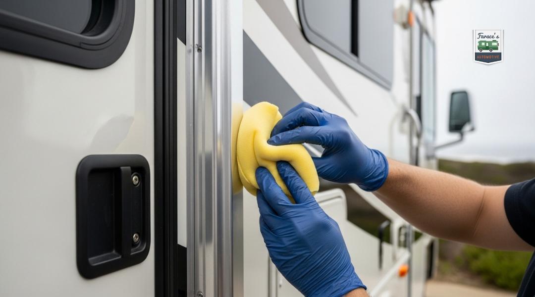 Technician applying UV-protective sealant to an RV’s exterior trim and door frame for rust prevention in a coastal environment.