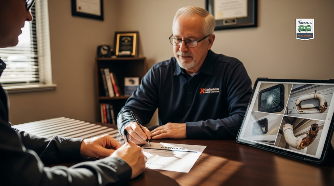 Customer reviewing detailed RV repair estimate and warranty details with technician