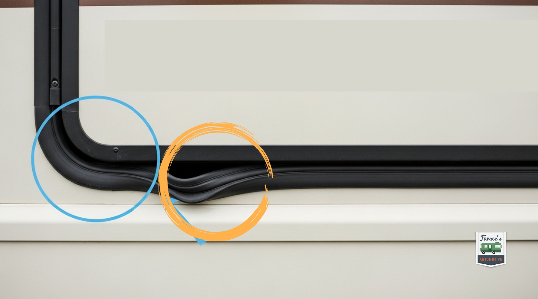 Close-up of an RV window seal with visible warping and gaps, showing common water leak entry points.