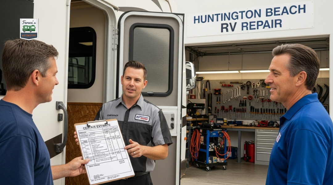 Trusted RV repair shop technician reviewing estimate with customer in Huntington Beach