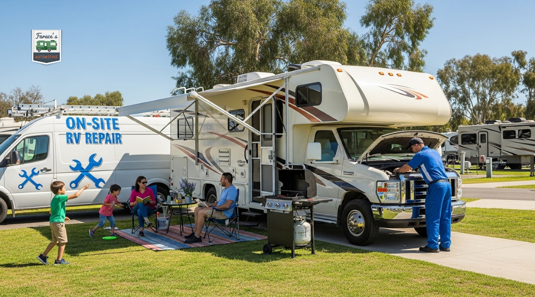 Technician performing mobile RV repair at a campground in Orange County