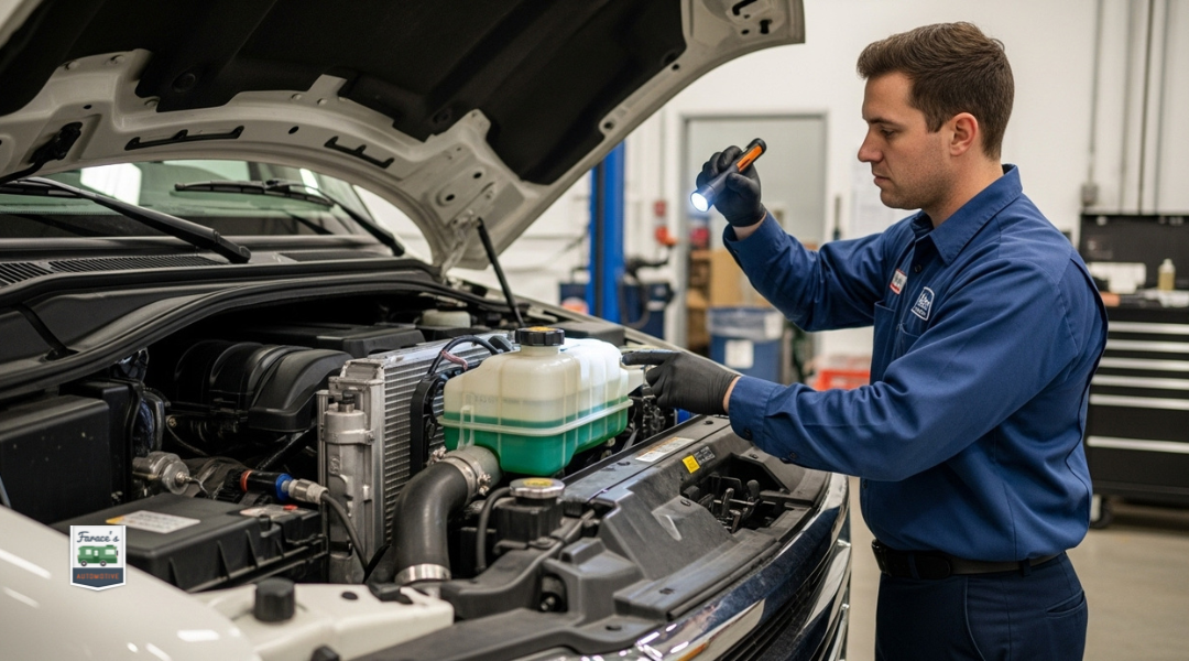 Technician inspecting radiator and coolant system during RV diesel engine diagnostic.