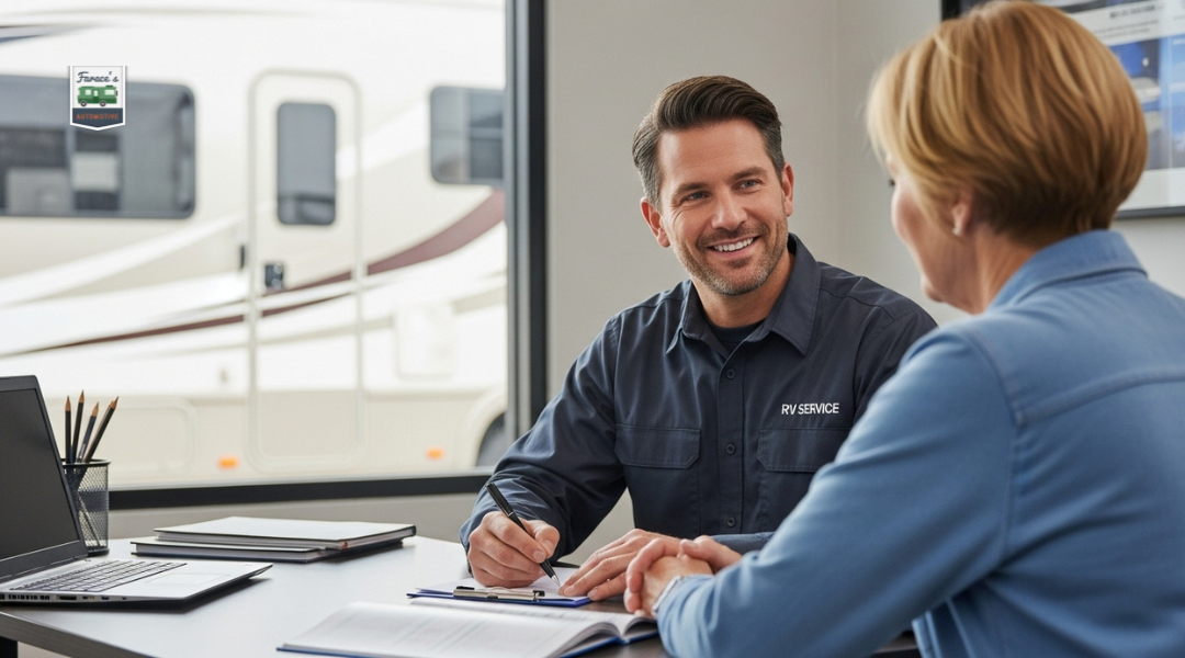 RV technician reviewing driving symptoms with an owner during initial diesel engine diagnostic consultation.
