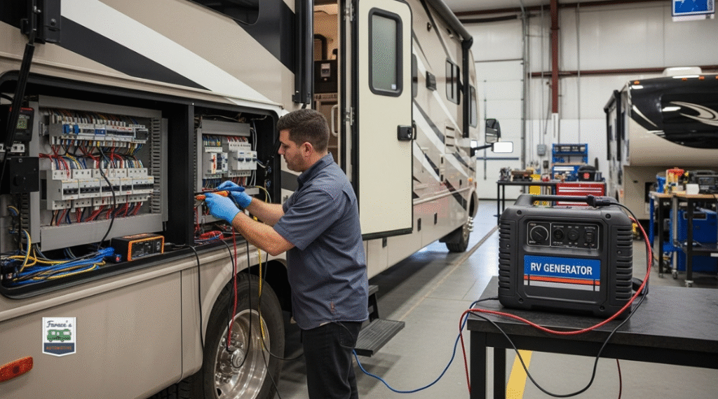 Technician inspecting RV electrical panel and generator for wiring and breaker issues.