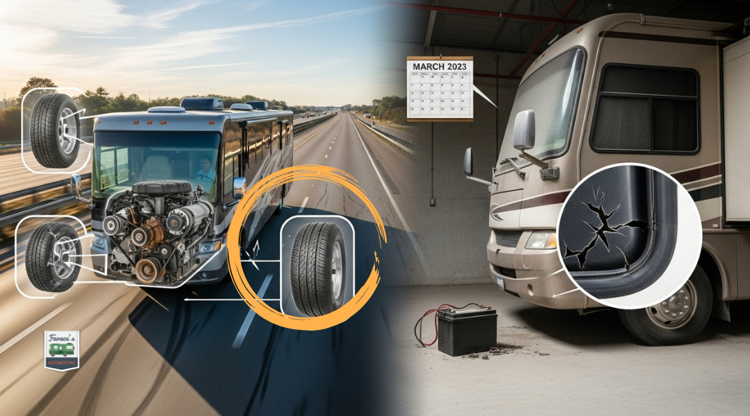 Comparison of RV mileage-based maintenance versus time-based maintenance showing driving wear versus storage effects.
