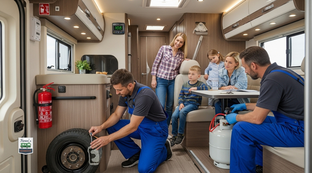 Mechanic inspecting RV brakes and safety systems to protect family and other drivers.