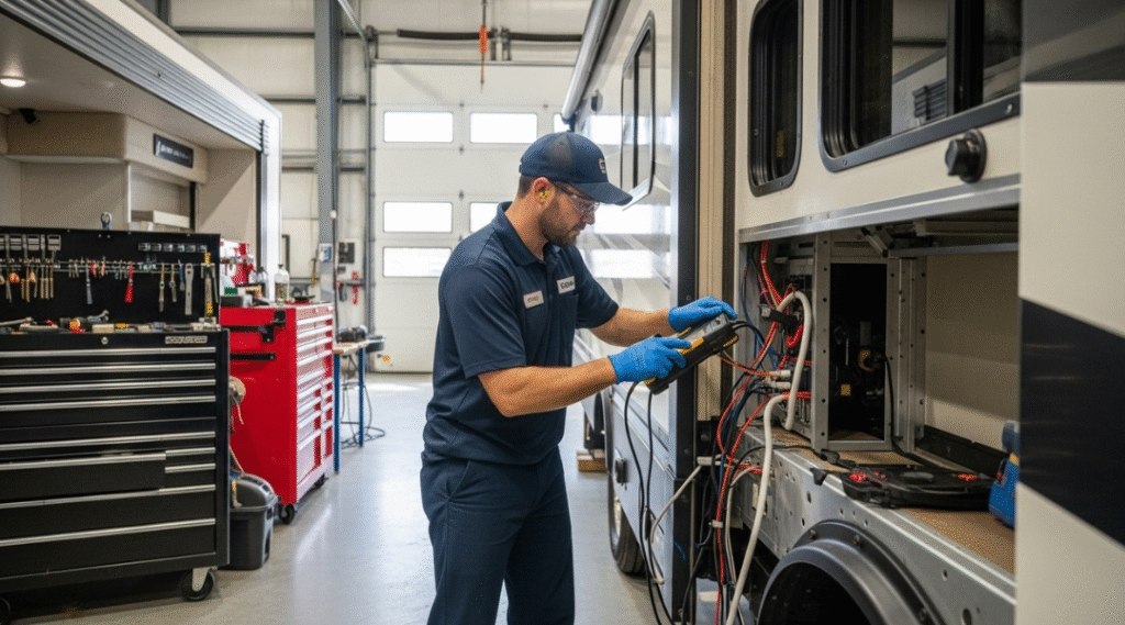 Certified RV technician inspecting interior layout and systems during professional floor plan modification