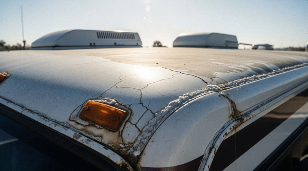 Older RV roof damage from sun exposure and salt air near Huntington Beach showing cracked sealant and corroded metal edges