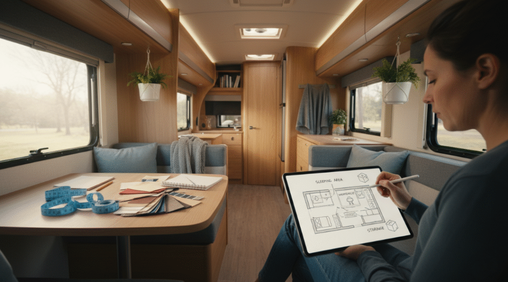 RV floor plan design showing layout goals for space, storage, comfort, and mobility
