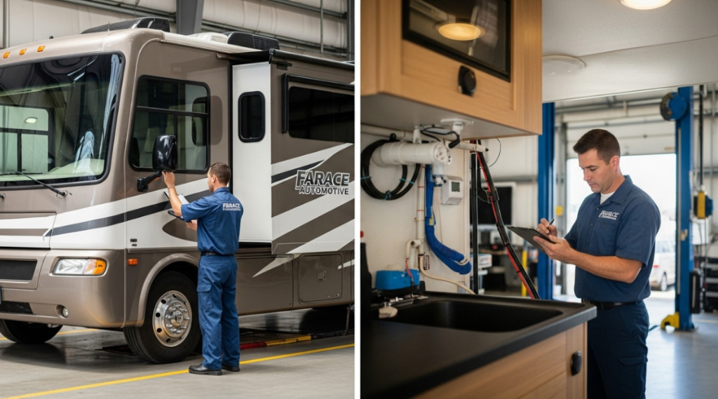 Technician inspecting a pre-owned RV at Farace Automotive in Huntington Beach, providing detailed interior and exterior inspection services for buyers.