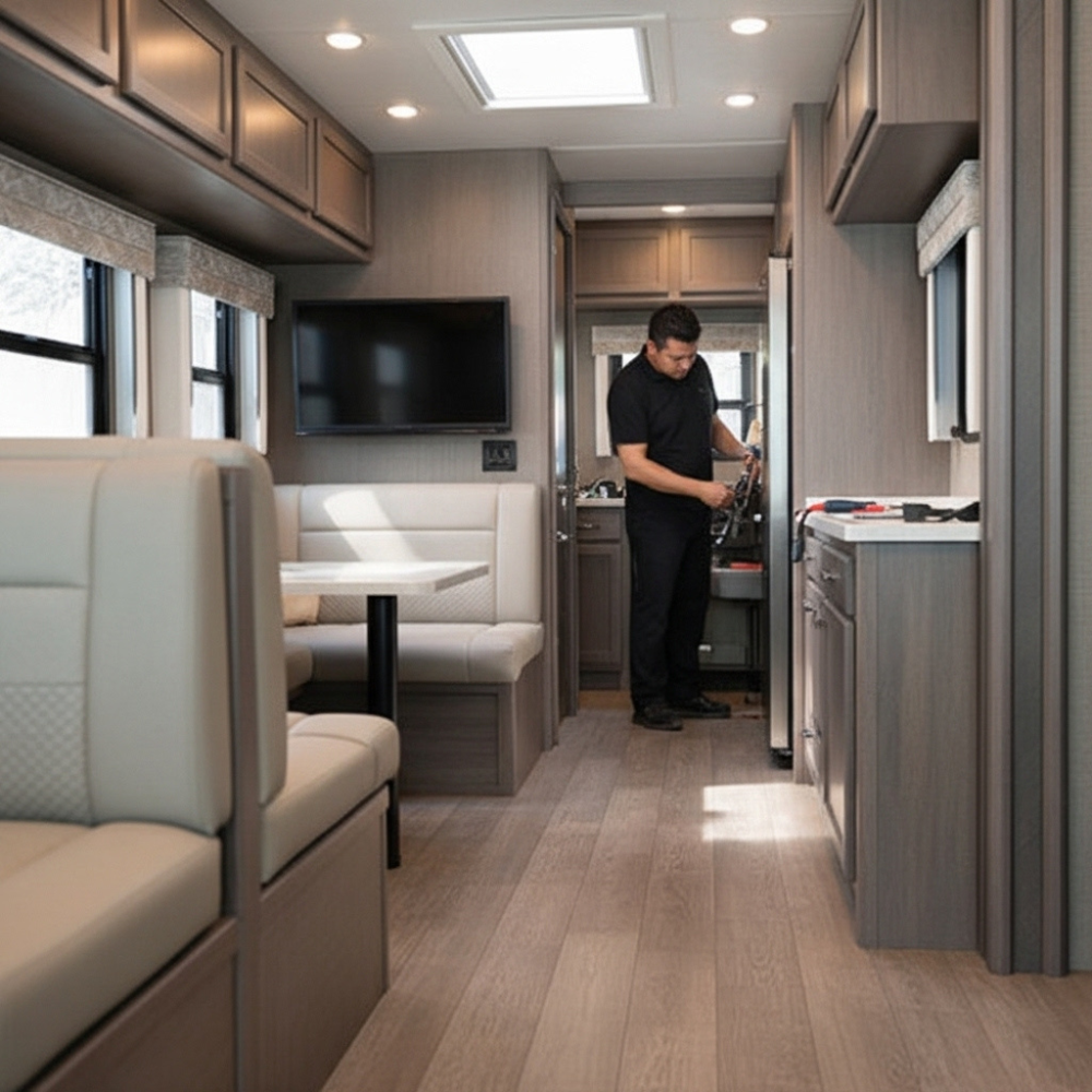 Technician inspecting clean RV interior to maintain comfort, safety, and longevity at Farace Automotive & RV Center in Huntington Beach.