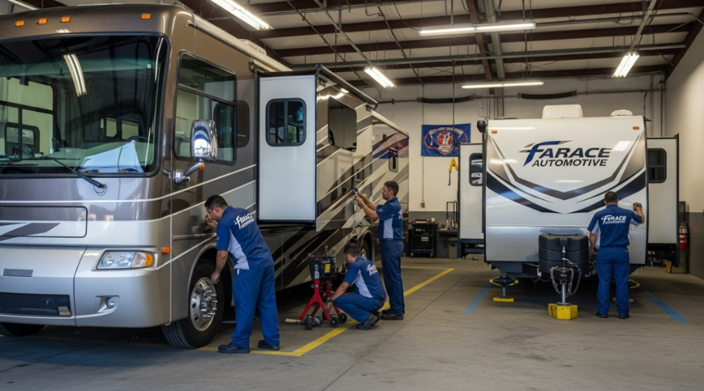 Technicians performing RV and trailer maintenance at Farace Automotive near Fullerton, trusted Orange County RV service and repair center.