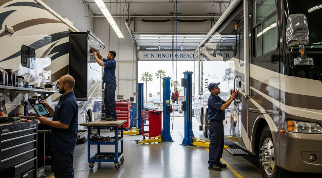 Technicians servicing and repairing RVs at Farace Automotive in Huntington Beach, trusted family-owned RV repair and service center in Orange County.