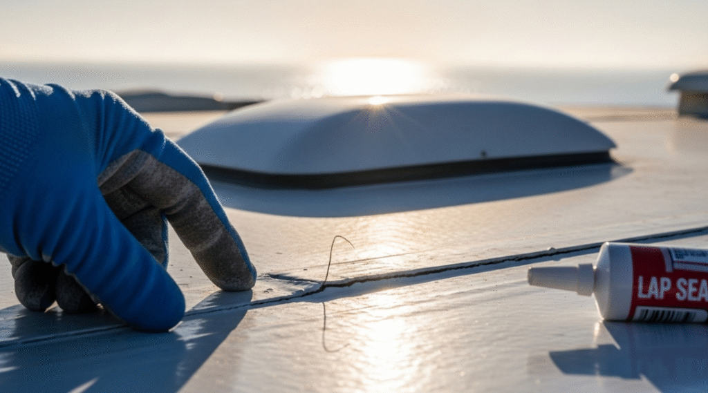 Close-up of a small crack on an RV roof near a vent, inspected under a flashlight in Huntington Beach coastal conditions.