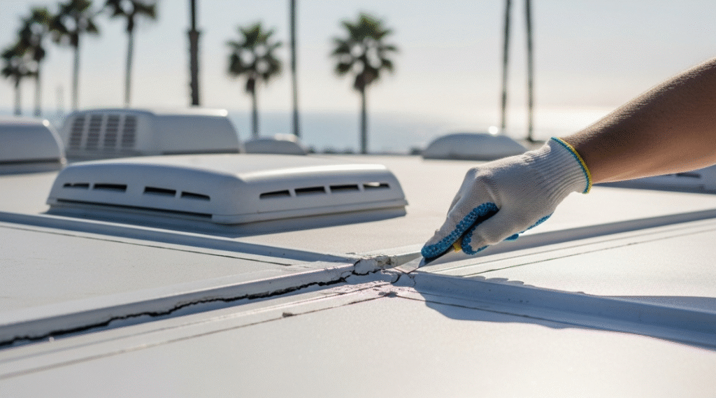 Technician inspecting RV roof sealant for cracks and wear under coastal sunlight in Huntington Beach.