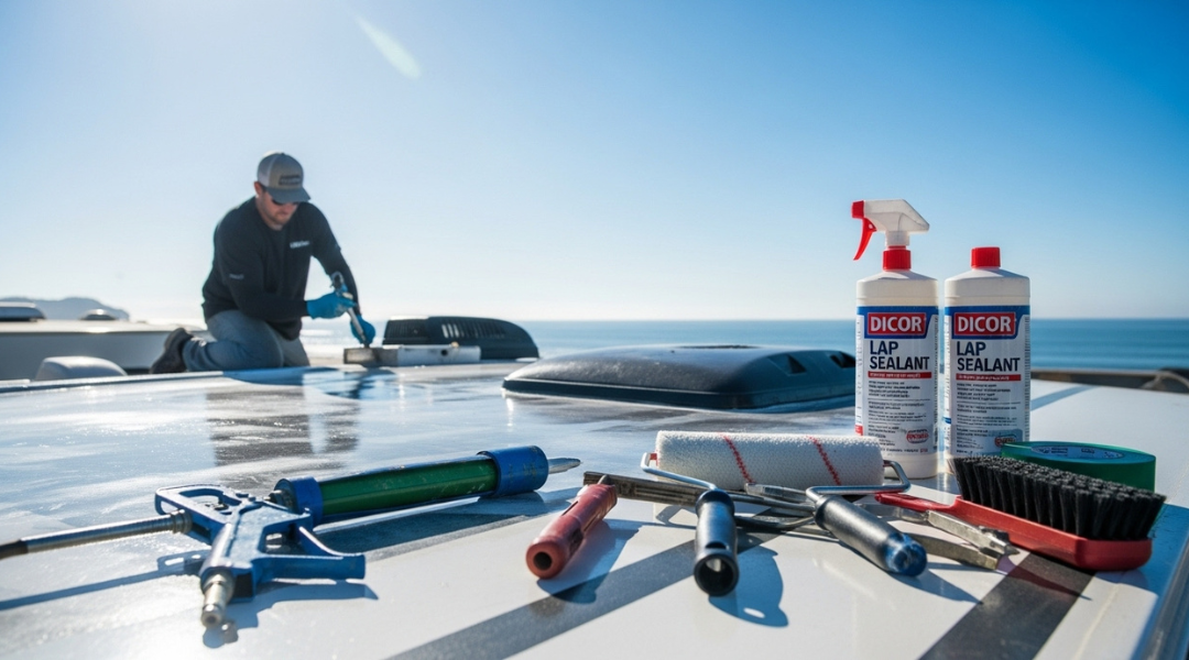 RV technician applying Dicor Lap Sealant and Eternabond tape on an RV roof near Huntington Beach with repair tools and coating supplies visible
