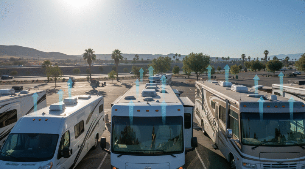 Comparison of RV sizes and roof designs showing how fan quality and ventilation affect airflow efficiency and repair costs.