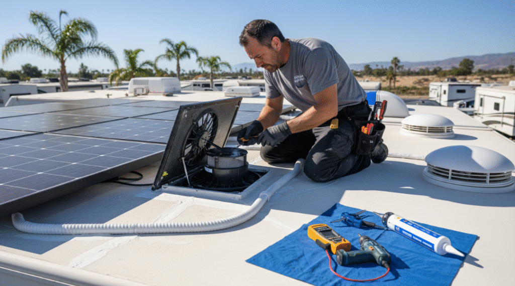 RV technician inspecting and upgrading roof vents and fans during a professional ventilation service in Southern California.