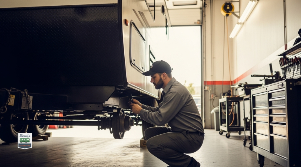 Technician inspecting trailer axle and bearings during repair at Farace Automotive near Brea, California.