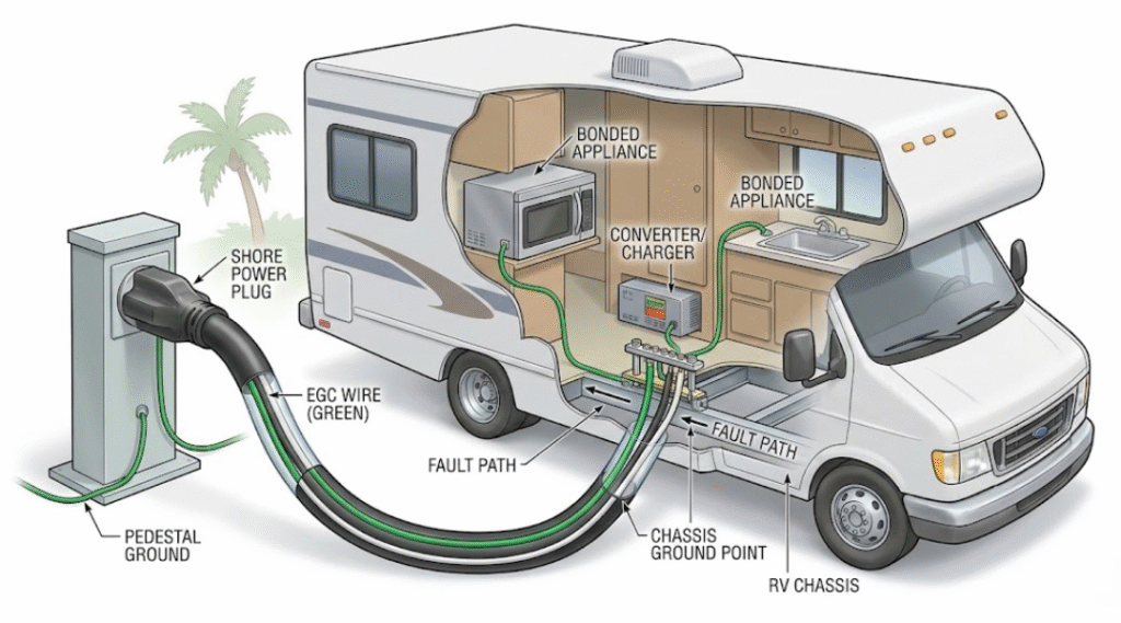 Diagram showing how an RV’s grounding system connects the EGC wire, chassis, and shore power cord.