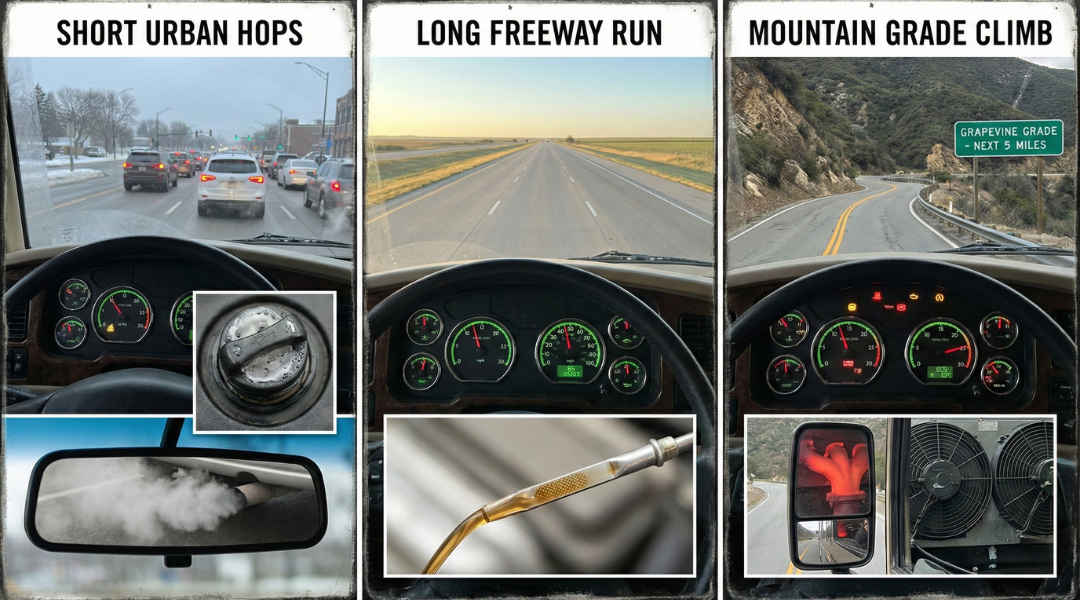 hree-panel view of diesel RV short hops, freeway runs, and mountain climbs showing engine wear differences.
