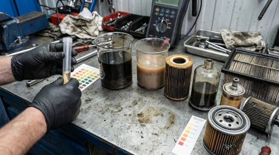 diesel RV maintenance workbench showing contaminated oil, clogged fuel filters, and coolant analysis signals.