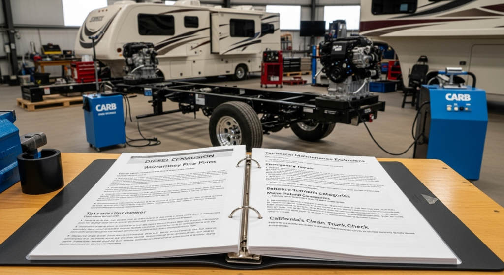 diesel RV service binder detailing warranty requirements, emergency repairs, major rebuilds, and Clean Truck Check exclusions.