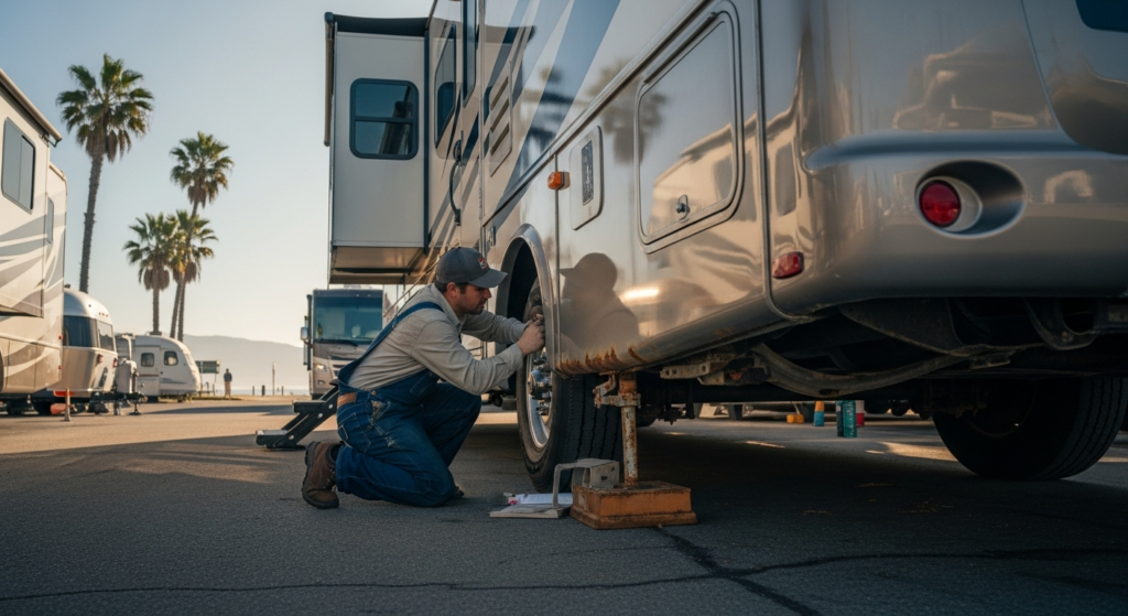 Photorealistic Orange County RV inspection scene showing coastal corrosion checks on frame, roof seams, and diverse RV types.