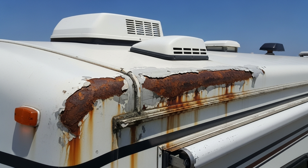 RV showing coastal salt corrosion around seams, fasteners, and roof vents versus uniform road wear damage.