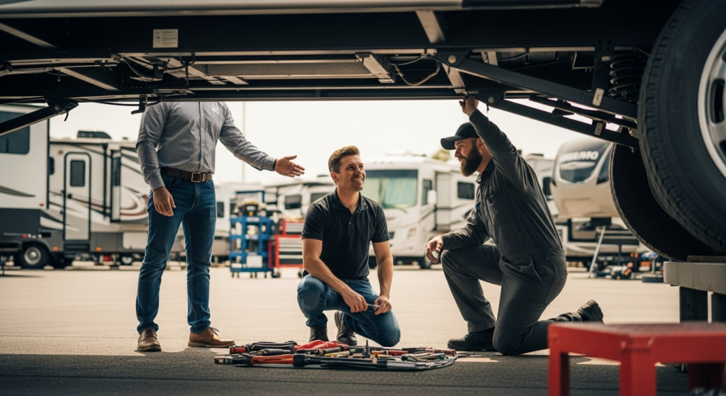 scene of dealer welcoming customer and third-party mechanic inspecting used RV undercarriage on the lot.