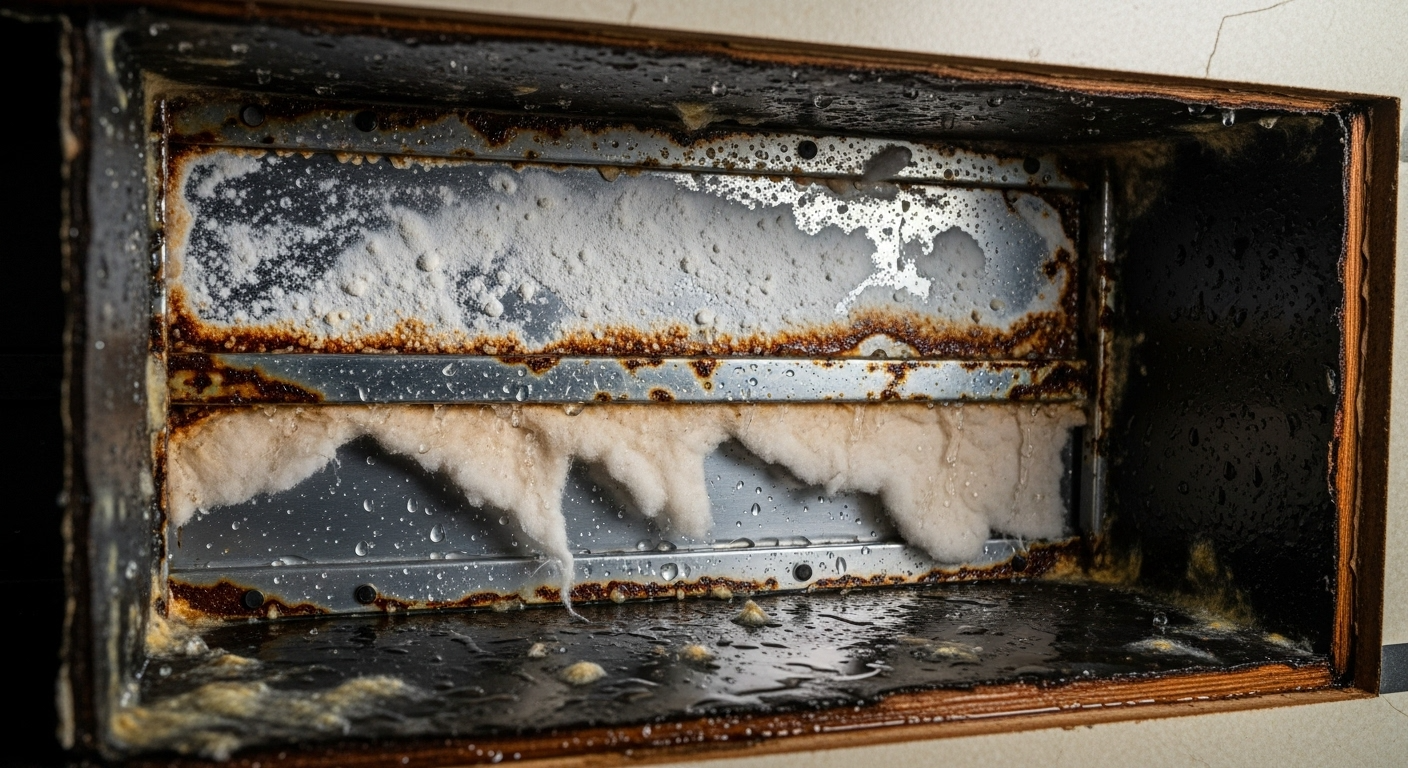 cutaway of RV wall cavity showing trapped salt corrosion, condensation, mold, and moisture wicking through insulation from micro-leaks.