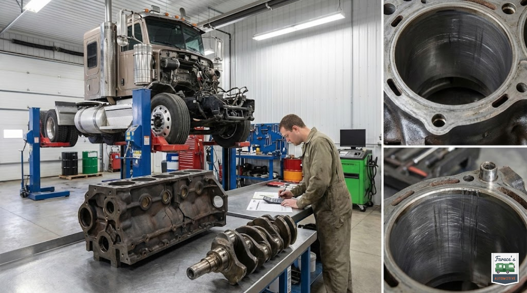 Diesel truck in repair shop with cracked engine block and mechanic reviewing high repair cost estimate