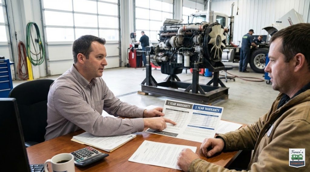 Diesel truck owner reviewing rebuild vs replacement engine warranty paperwork at repair shop
