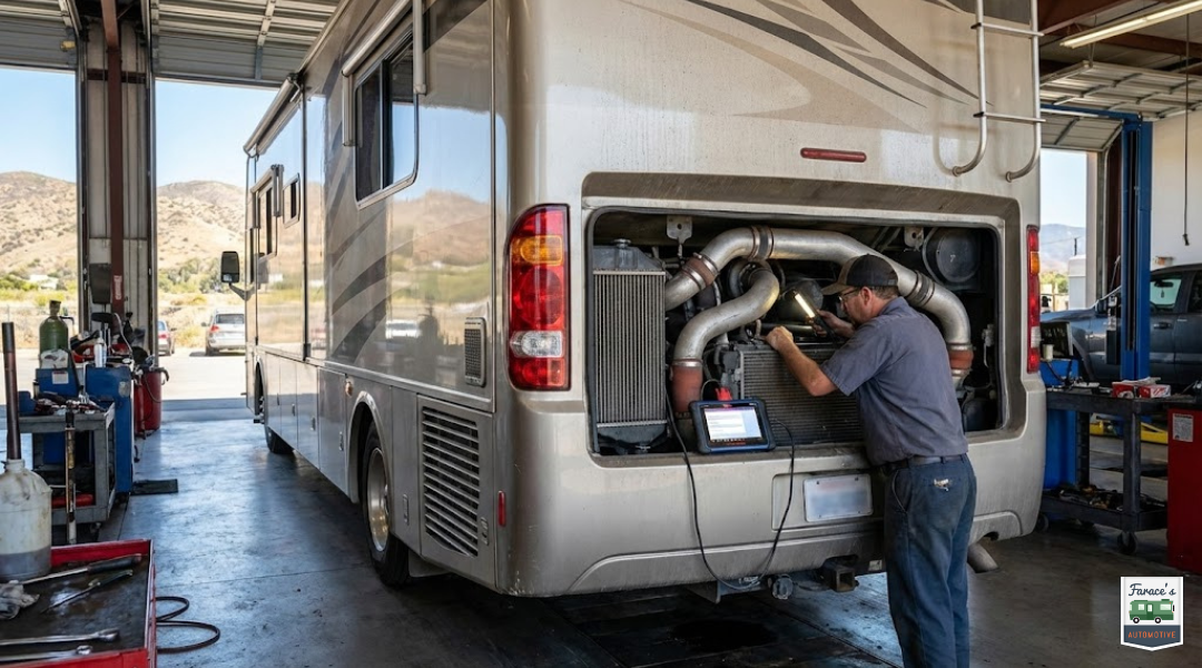 Diesel RV engine inspection after mountain drive in Southern California